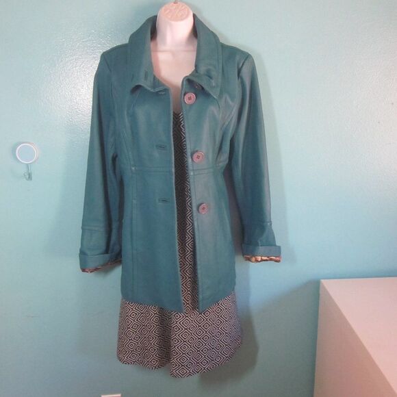 Excelled  Womens Size M Teal Leather Button  Front Long Coat - Picture 1 of 13